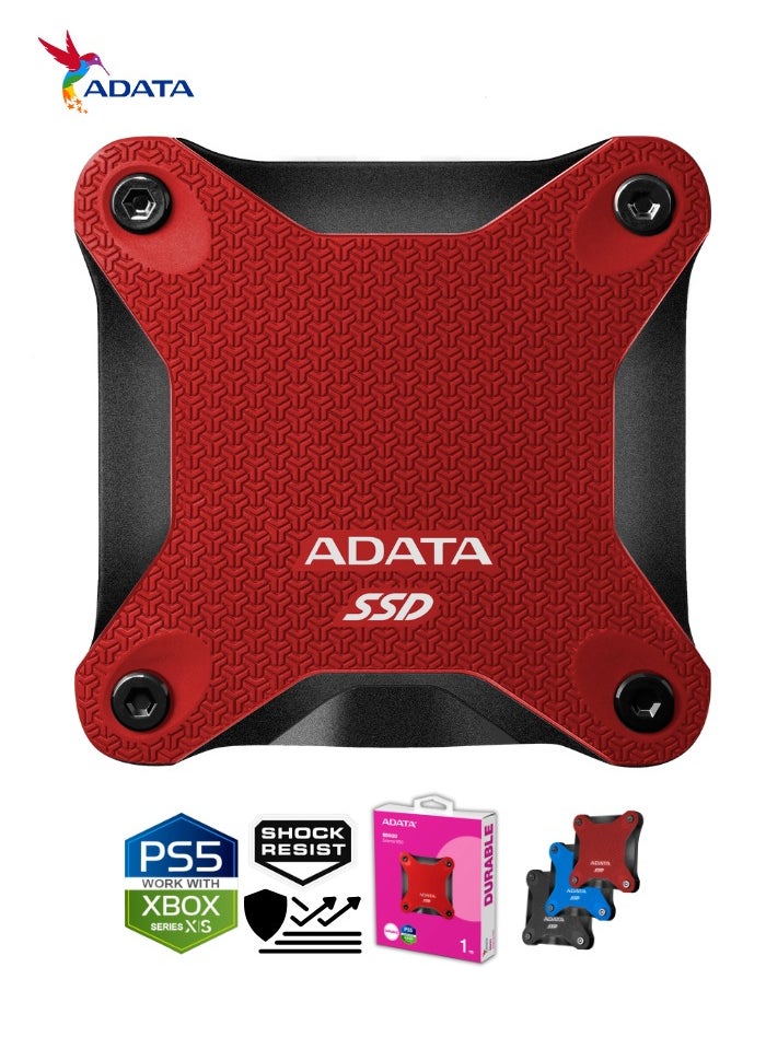 أداتا - محرك الأقراص الصلبة الخارجي SD620 سعة 1 تيرابايت | SSD مقاوم للصدمات متوافق مع PS5 XBOX للألعاب فائقة السرعة USB 3.2 Gen2x2 Type-C | أحمر - Image 1