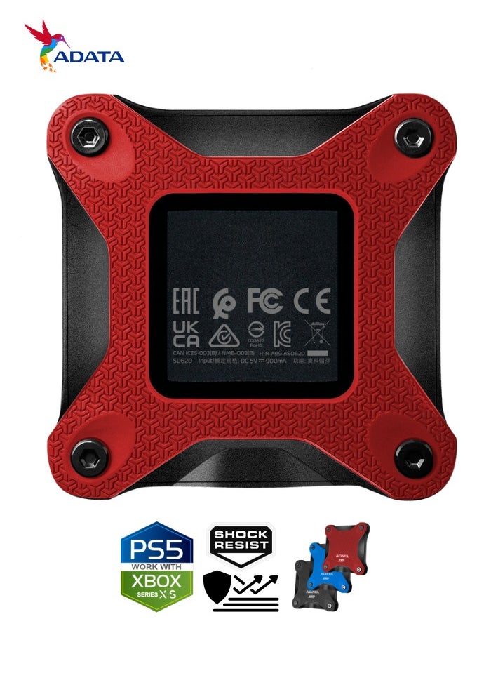 أداتا - محرك الأقراص الصلبة الخارجي SD620 سعة 1 تيرابايت | SSD مقاوم للصدمات متوافق مع PS5 XBOX للألعاب فائقة السرعة USB 3.2 Gen2x2 Type-C | أحمر - Image 1