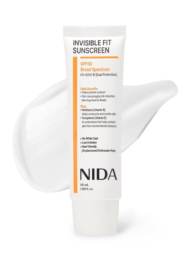 NIDA Invisible Fit Sunscreen SPF 50 Broad Spectrum UV-A/UV-B Protection | No White Cast, Low Irritation, Hydrating Lotion-like Lightweight Glow Sunscreen for All Skin Types | 1.69 fl. oz., 50ml - Image 1