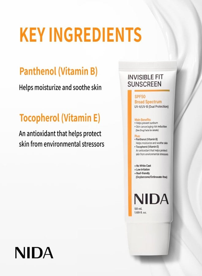 NIDA Invisible Fit Sunscreen SPF 50 Broad Spectrum UV-A/UV-B Protection | No White Cast, Low Irritation, Hydrating Lotion-like Lightweight Glow Sunscreen for All Skin Types | 1.69 fl. oz., 50ml - Image 4