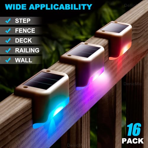 DenicMic Solar Deck Lights Outdoor 16 Pack Step Solar Lights Waterproof for Patio Fence Step Yard Stair RGB Color Changing LED Outside Deck Lighting - Image 2