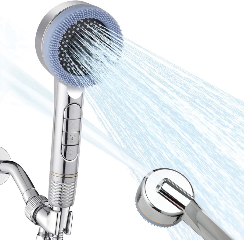 Vista Shower Head High Pressure Hand Shower with 4 Shower Head Filters and 4 Spray Modes ON/OFF Silicone Massage Pad Chlorine Removal Silver - Image 1