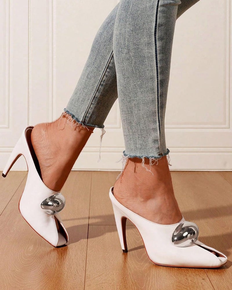 Oiamenne Stiletto Heels for Women Peep Toe Heeled Mules Sandals Pointed Toe Pumps High Heeled Sandals for Women Comfortable Casual Wedding Office Dating Dress Shoes White - Image 5