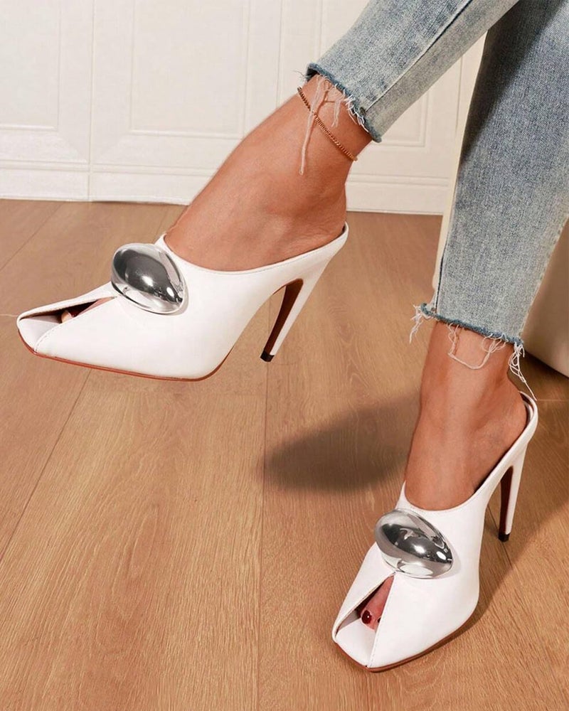 Oiamenne Stiletto Heels for Women Peep Toe Heeled Mules Sandals Pointed Toe Pumps High Heeled Sandals for Women Comfortable Casual Wedding Office Dating Dress Shoes White - Image 3