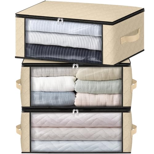 HomeHacks Storage 3Pack Clothes Organizer Storage Bags Foldable Storage Box with Large Clear Window Sturdy Handles for Closet Dorm Pillows Bedding Clothes Blankets 35L Beige