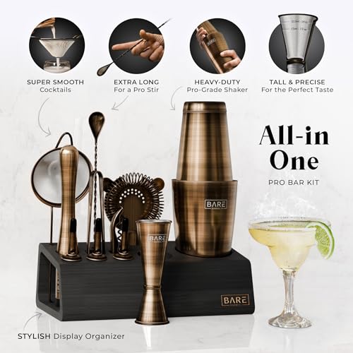 BARE BARREL® Mixology Bartender Kit Bar Set | 14-Piece Cocktail Shaker Set | Martini Barware Mixing Tools for Home Bartending | Incl. 35 Recipe Cards | Gift Set (28oz Boston Shaker, Brass/Black) - Image 2