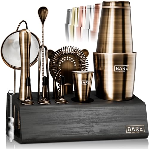 BARE BARREL® Mixology Bartender Kit Bar Set | 14-Piece Cocktail Shaker Set | Martini Barware Mixing Tools for Home Bartending | Incl. 35 Recipe Cards | Gift Set (28oz Boston Shaker, Brass/Black) - Image 1