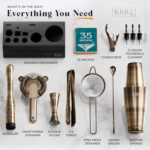 BARE BARREL® Mixology Bartender Kit Bar Set | 14-Piece Cocktail Shaker Set | Martini Barware Mixing Tools for Home Bartending | Incl. 35 Recipe Cards | Gift Set (28oz Boston Shaker, Brass/Black) - Image 4