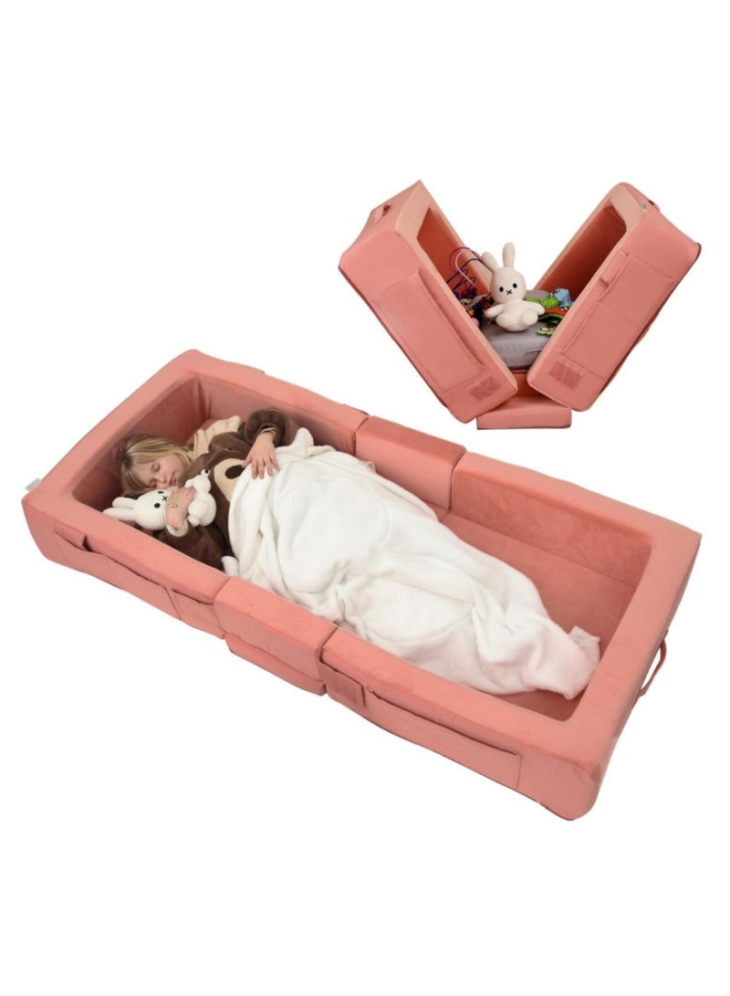 XICEN Baby Folding Cot, Portable Toddler Travel Bed, Machine Washable, Can Store Toys Clothes, Kids Floor Lounger and Sleeping Bed, Baby Foldable Cradle (Pink Color) - Image 1