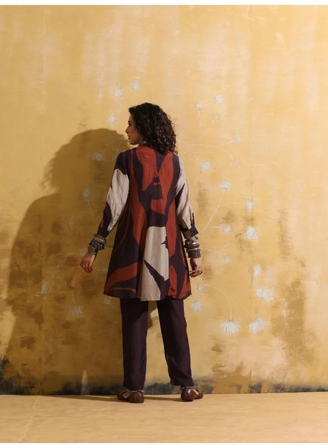 ترو برونز trueBrowns Cola Rust Red Floral Print Muslin Silk A-Line Co-ord Set