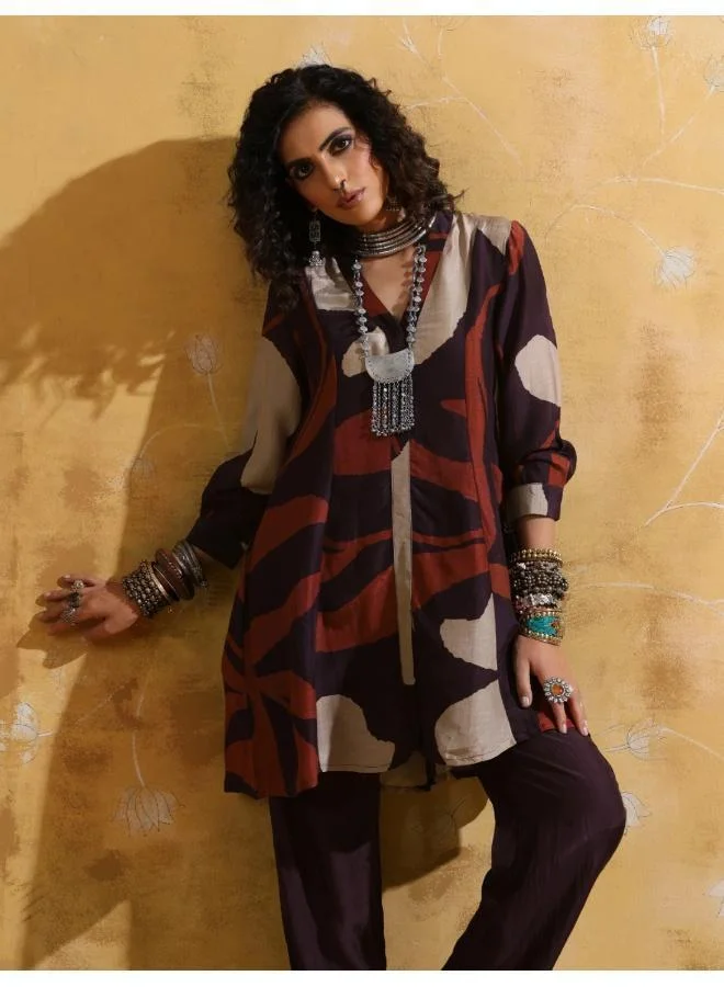 ترو برونز trueBrowns Cola Rust Red Floral Print Muslin Silk A-Line Co-ord Set