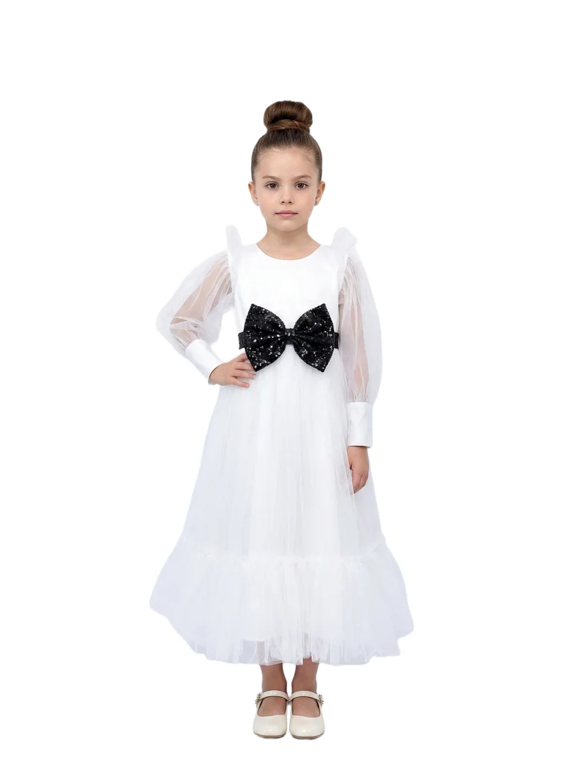 بيداني White Tulle Long Sleeve Dress with Black Waist Bow