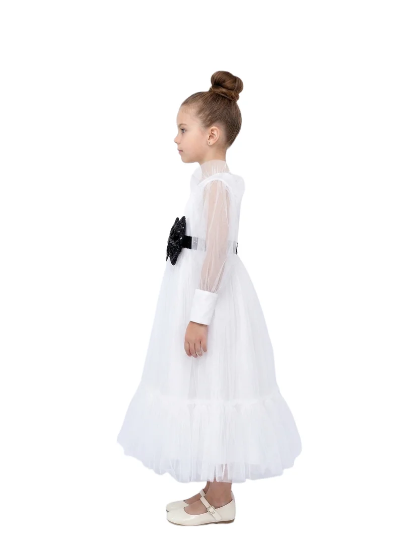 بيداني White Tulle Long Sleeve Dress with Black Waist Bow