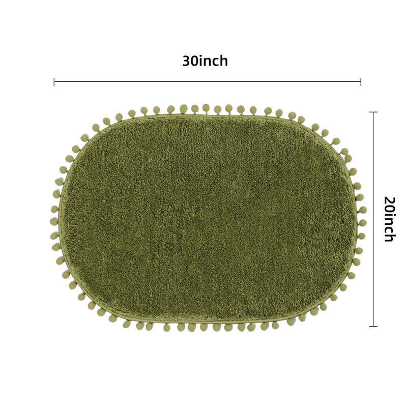 Yirddeo Olive Green Pom Bath Prug for Bathroom Non Slip Plit Boho Pom Oval Morbbent Duster Mast Plush Soft Respare (20 × 30 بوصة) - Image 2