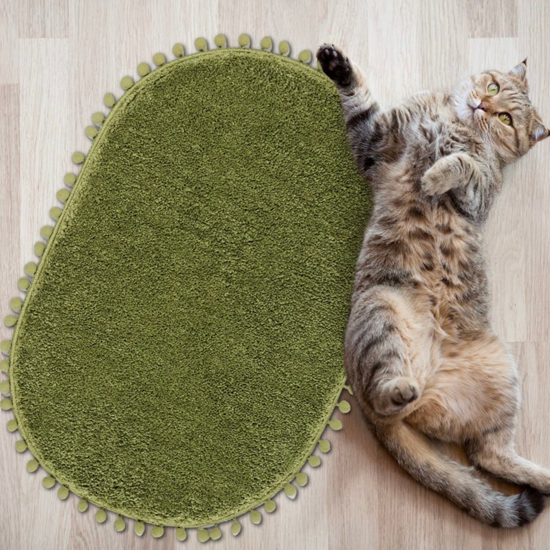 Yirddeo Olive Green Pom Bath Prug for Bathroom Non Slip Plit Boho Pom Oval Morbbent Duster Mast Plush Soft Respare (20 × 30 بوصة) - Image 4