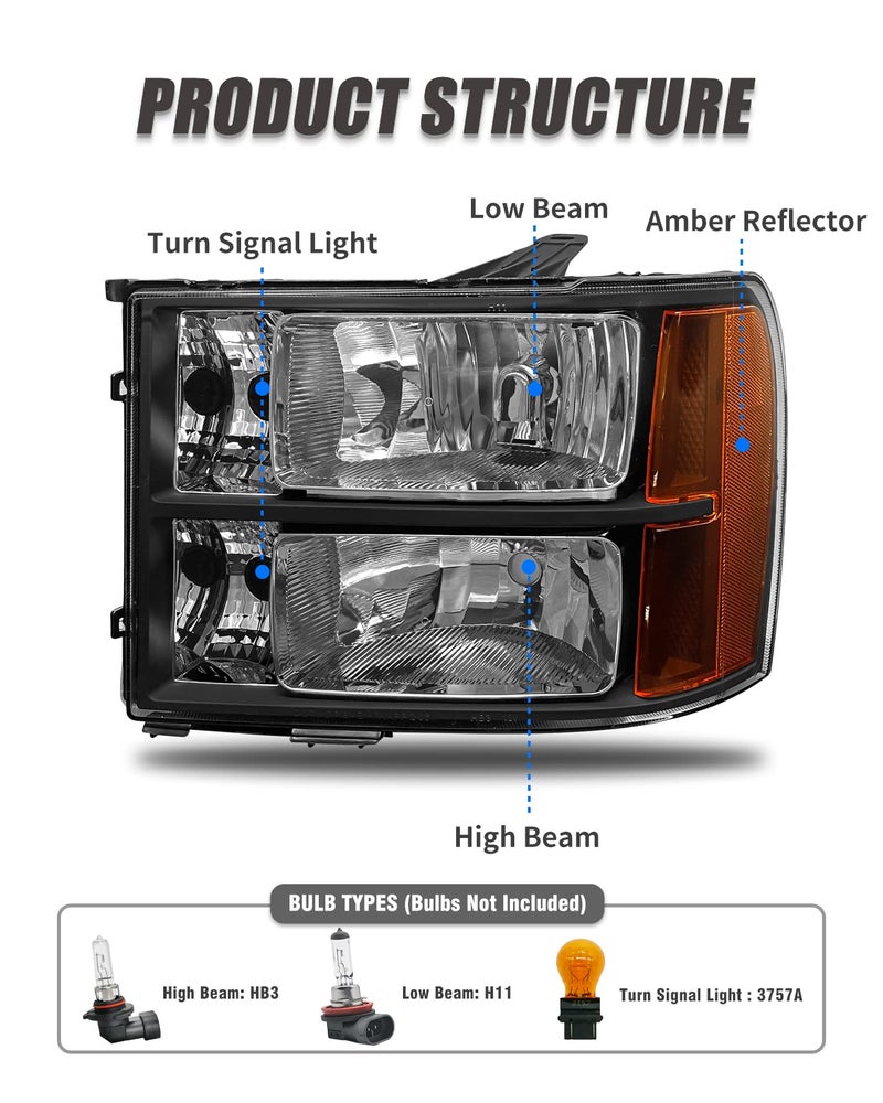 ADCARLIGHTS Headlight Assembly Pair for 2007-2013 GMC Sierra 1500 2007-2014 Sierra 2500HD 3500HD Black Housing Amber Reflector Left Right W/O Bulbs - Image 4