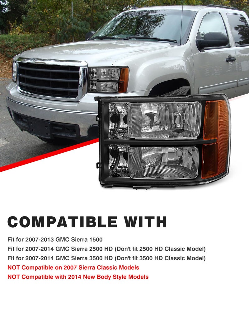 ADCARLIGHTS Headlight Assembly Pair for 2007-2013 GMC Sierra 1500 2007-2014 Sierra 2500HD 3500HD Black Housing Amber Reflector Left Right W/O Bulbs - Image 2