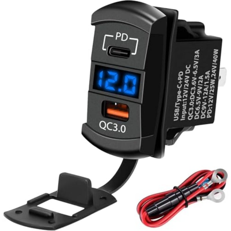 مقبس شاحن السيارة من نوع PD Type C QC3.0، مقبس طاقة USB للسيارة مع مقياس جهد رقمي LED، متوافق مع سيارات 12 فولت، اليخوت، القوارب، الكرفانات، والدراجات النارية، شحن سريع ومتين - Image 1