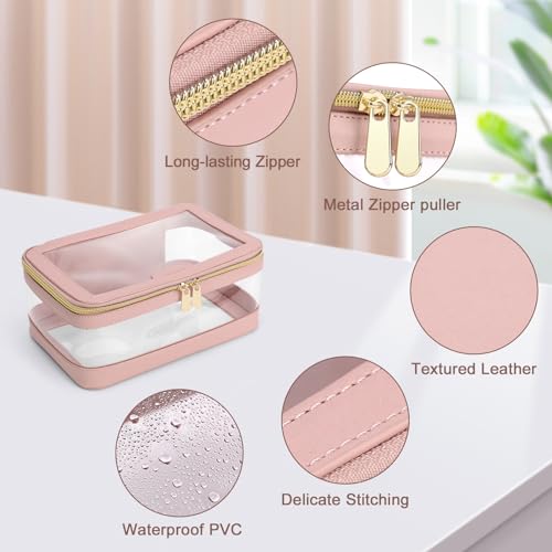 Soimeat Travel Clear Makeup Bag with Makeup Brush Bag, Leather Makeup Case Toiletry Bag, Portable Cosmetic Bag Case, Transparent Waterproof Cosmetic Organizer Storage Bag for Women, Pink - Image 5