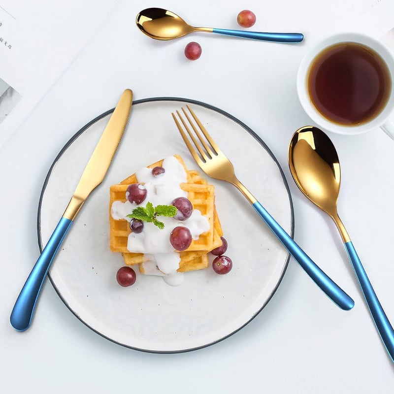 OriGlam Silverware Set Flatware Cutlery Set Stainless Steel Kitchen Utensils Set Tableware Cutlery Set for Home and Restaurant Blue  Gold - Image 2