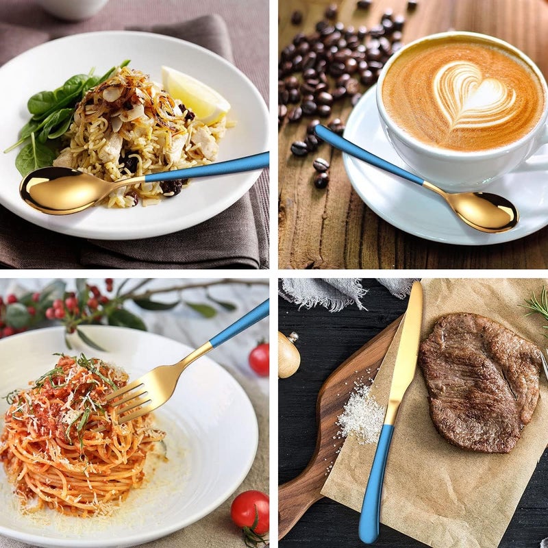 OriGlam Silverware Set Flatware Cutlery Set Stainless Steel Kitchen Utensils Set Tableware Cutlery Set for Home and Restaurant Blue  Gold - Image 4