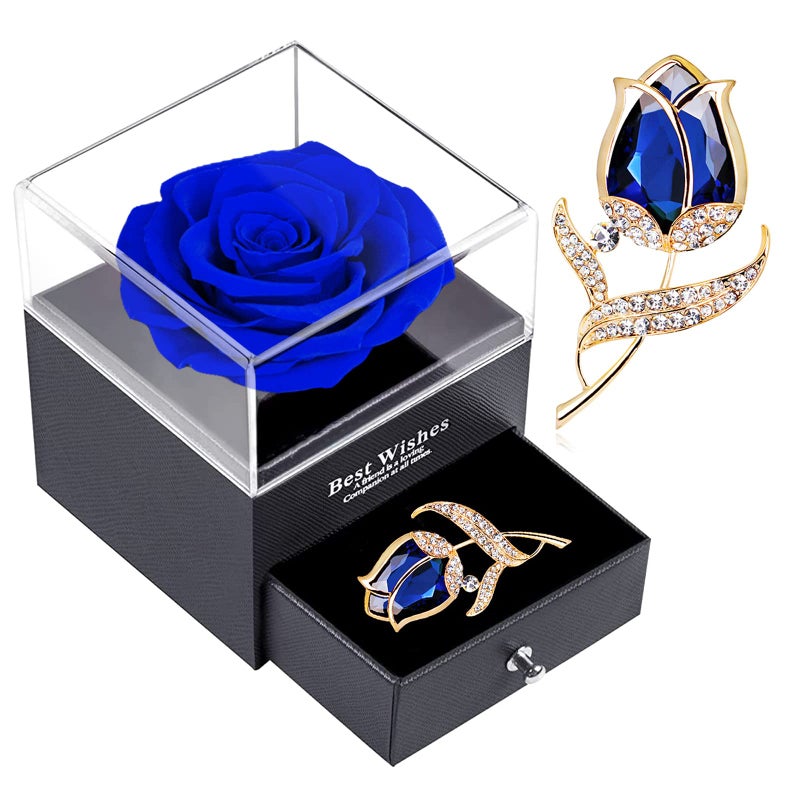 SWEETIME Preserved Rose Gift Enchanted Real Blue Rose with Sapphire Brooch Eternal Flower Rose Handmade Rose in Box with Pin Forever Blue Rose Gift for her on Mothers Day Birthday