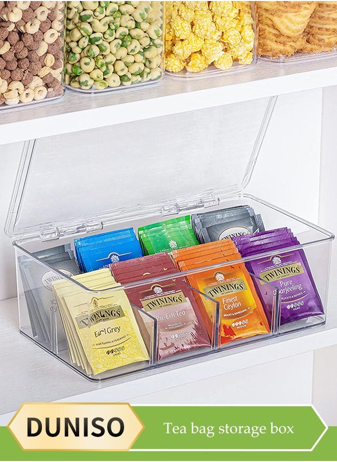 DUNISO 8 Compartment Tea bag storage box, dust proof plastic tea bag holder,  transparent food storage organizer,desktop storage box, with lid, detachable, suitable for home, restaurant and office use, 27.5 * 16.5 * 9.5cm  - Image 1