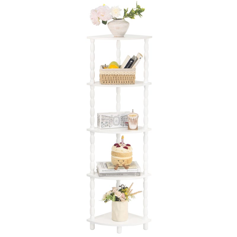 MaxSmeo Corner Bookshelf, 5-Tier Corner Shelf Stand, Modern Corner Plant Shelves with Storage, for Bedroom, Bathroom, Kitchen, Living Room (White) - Image 1