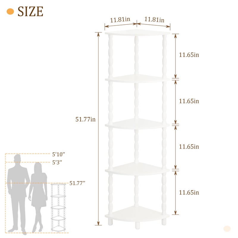 MaxSmeo Corner Bookshelf, 5-Tier Corner Shelf Stand, Modern Corner Plant Shelves with Storage, for Bedroom, Bathroom, Kitchen, Living Room (White) - Image 3