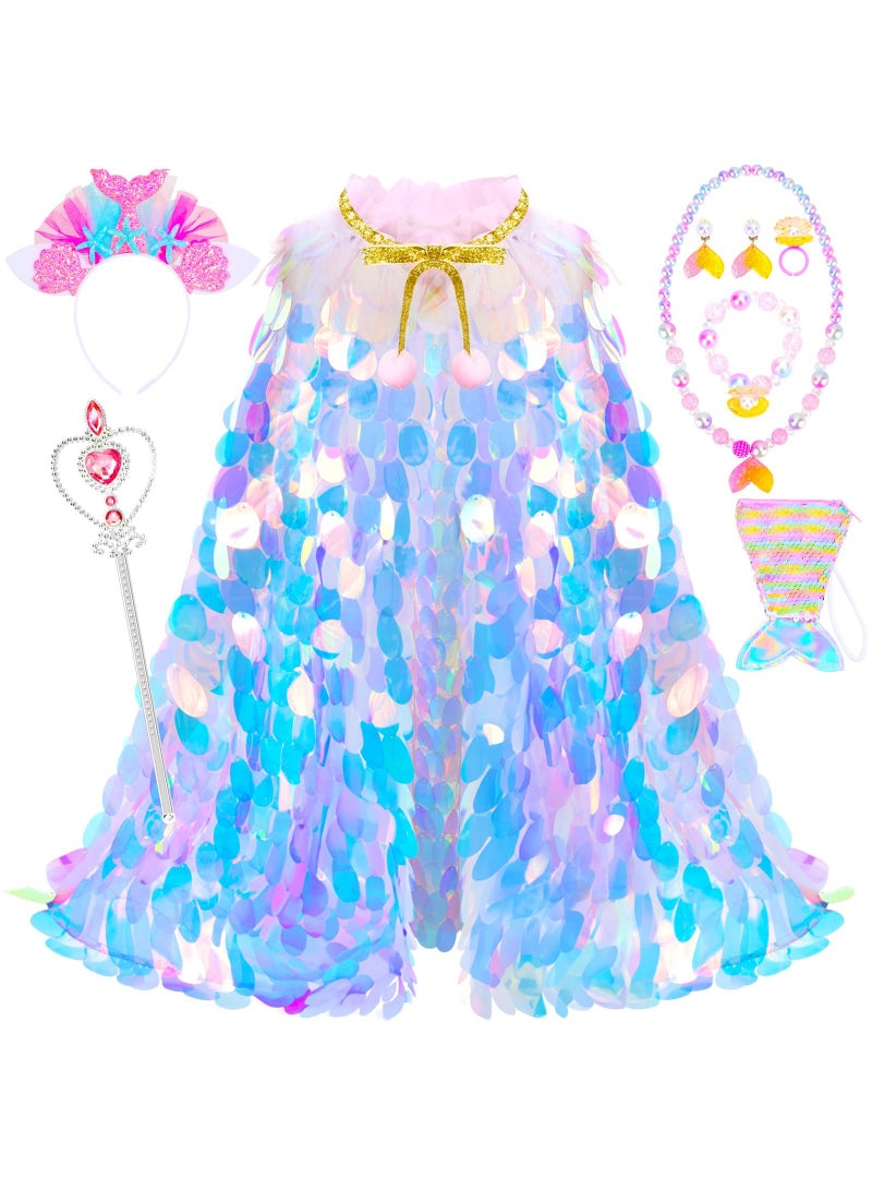 LENND Princess Dress Up Toys for Girls 3-8 years old, Mermaid Toddler Toys Shiny Sequin Princess Cape Set Kids Toys, Princess Girl Toys for Birthday Gifts Kit for Toddler Girls Age 3-8 Years Old - Image 1