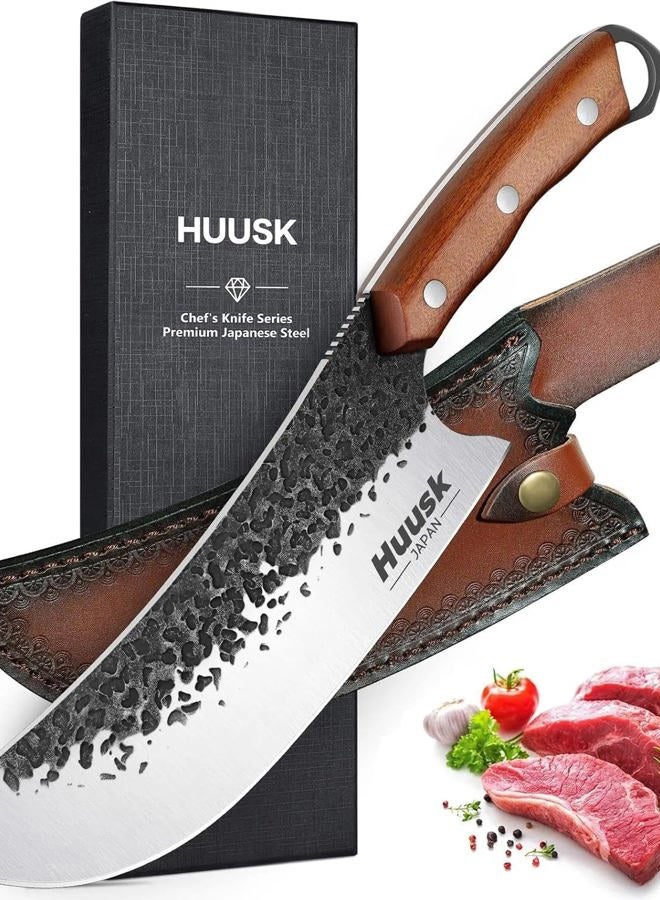 Huusk سكين جزار لقطع اللحم، سكين تقطيع اللحم ثقيلة الوزن مع غلاف، سكاكين طهي مطروقة يدويًا بمقبض كامل للطبخ أو الشواء، هدية عيد الميلاد للرجال والنساء - Image 1