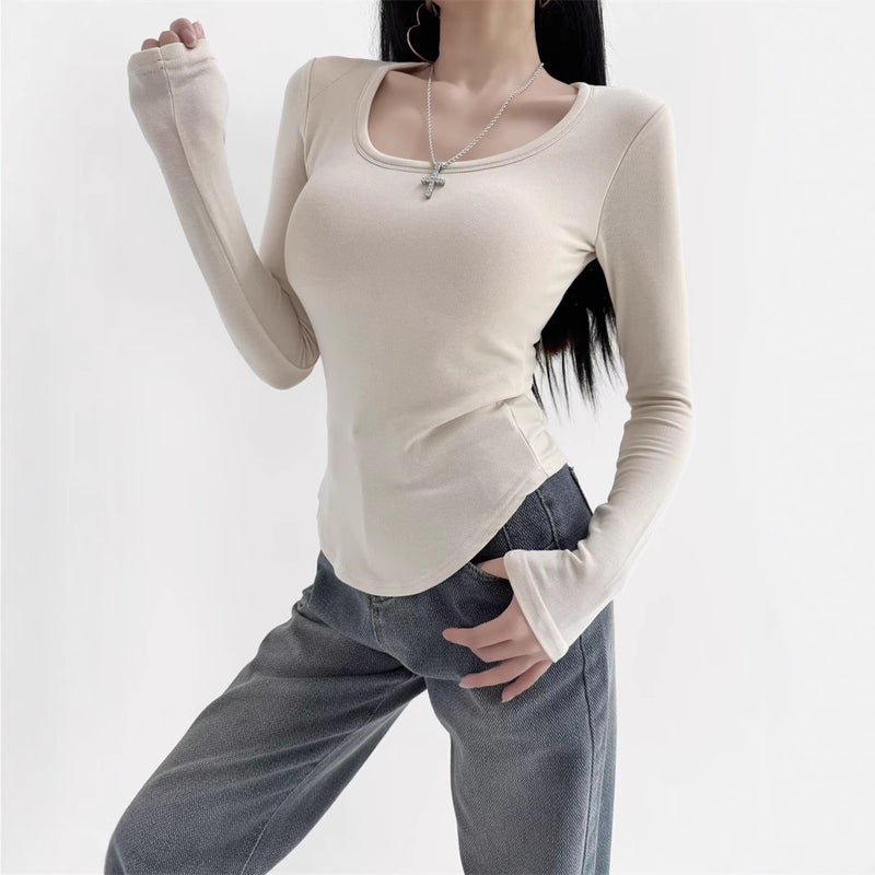 American Spice Girl With Chest Pad U-Collar Fleece Long-Sleeved T-Shirt Autumn New Design Sense Hems Curved Slim Base Shirt - Image 2