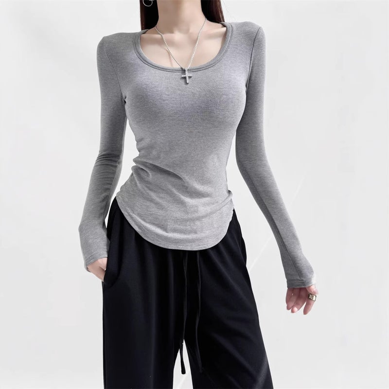 American Spice Girl With Chest Pad U-Collar Fleece Long-Sleeved T-Shirt Autumn New Design Sense Hems Curved Slim Base Shirt - Image 4