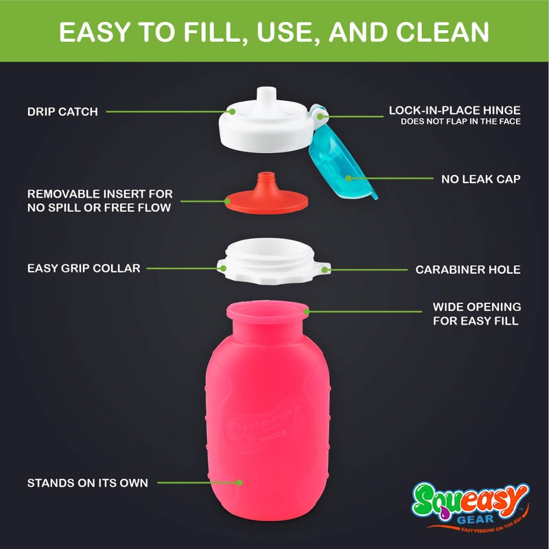Squeasy Snacker Pink 6 oz Squeasy Snacker Spill Proof Silicone Reusable Food Pouch - for Both Soft Foods and Liquids - Water, Apple Sauce, Yogurt, Smoothies, Baby Food - Dishwasher Safe - Image 4