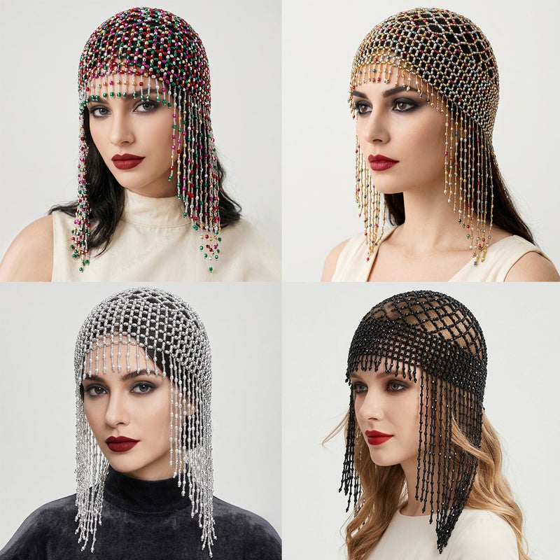 سلسلة شعر شبكية منسوجة يدويًا مع شرابات خرزية - شبكة شعر للعروس للحفلات والزفاف - Image 1