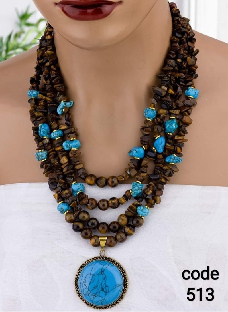 R&R Multi-role women's necklace of agate and tiger's eye with a copper pendant