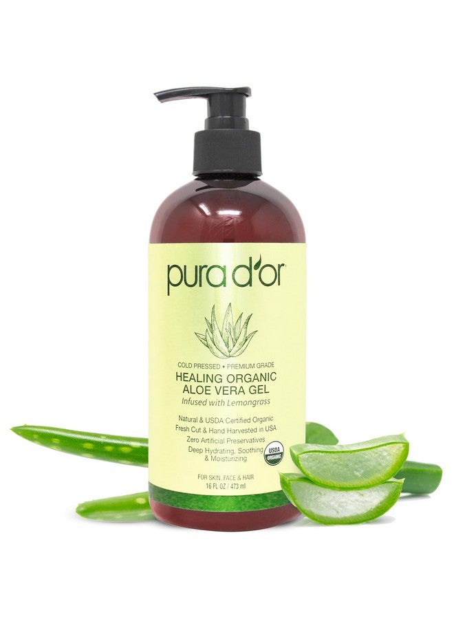 Pura d'or 16 Oz Organic Aloe Vera Gel Lemongrass All Natural Zero Artificial Preservatives Deeply Hydrating & Moisturizing Sunburn Bug Bites Rashes Small Cuts Eczema Relief Skin & Hair - Image 1