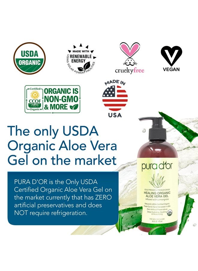Pura d'or 16 Oz Organic Aloe Vera Gel Lemongrass All Natural Zero Artificial Preservatives Deeply Hydrating & Moisturizing Sunburn Bug Bites Rashes Small Cuts Eczema Relief Skin & Hair - Image 2