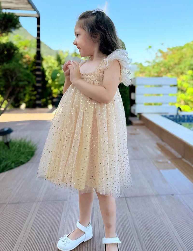 AGQT Baby Girls Tutu Dress Sleeveless Toddler Infant Tulle Tutu Dresses Birthday Party Layered Lace Mini Layers Dress Apricot-Gold Sequin Dot Size 18-24 Months - Image 3
