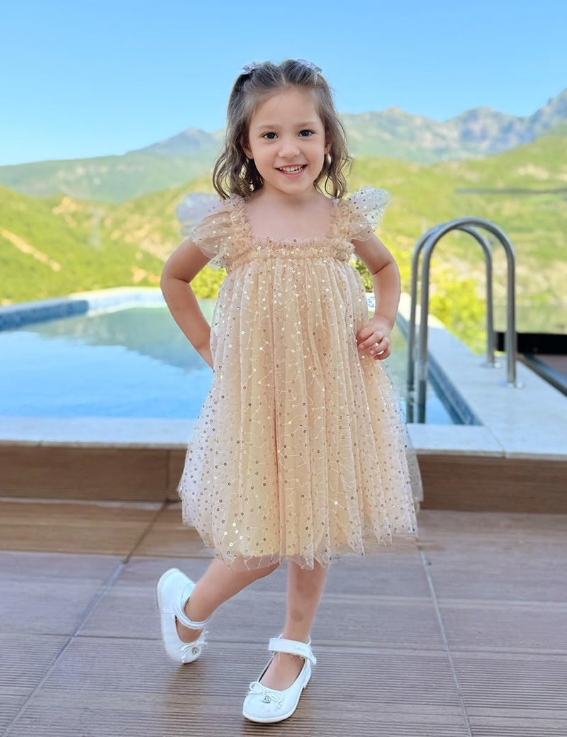 AGQT Baby Girls Tutu Dress Sleeveless Toddler Infant Tulle Tutu Dresses Birthday Party Layered Lace Mini Layers Dress Apricot-Gold Sequin Dot Size 18-24 Months - Image 2