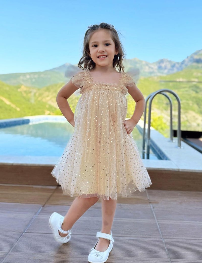 AGQT Baby Girls Tutu Dress Sleeveless Toddler Infant Tulle Tutu Dresses Birthday Party Layered Lace Mini Layers Dress Apricot-Gold Sequin Dot Size 18-24 Months - Image 4
