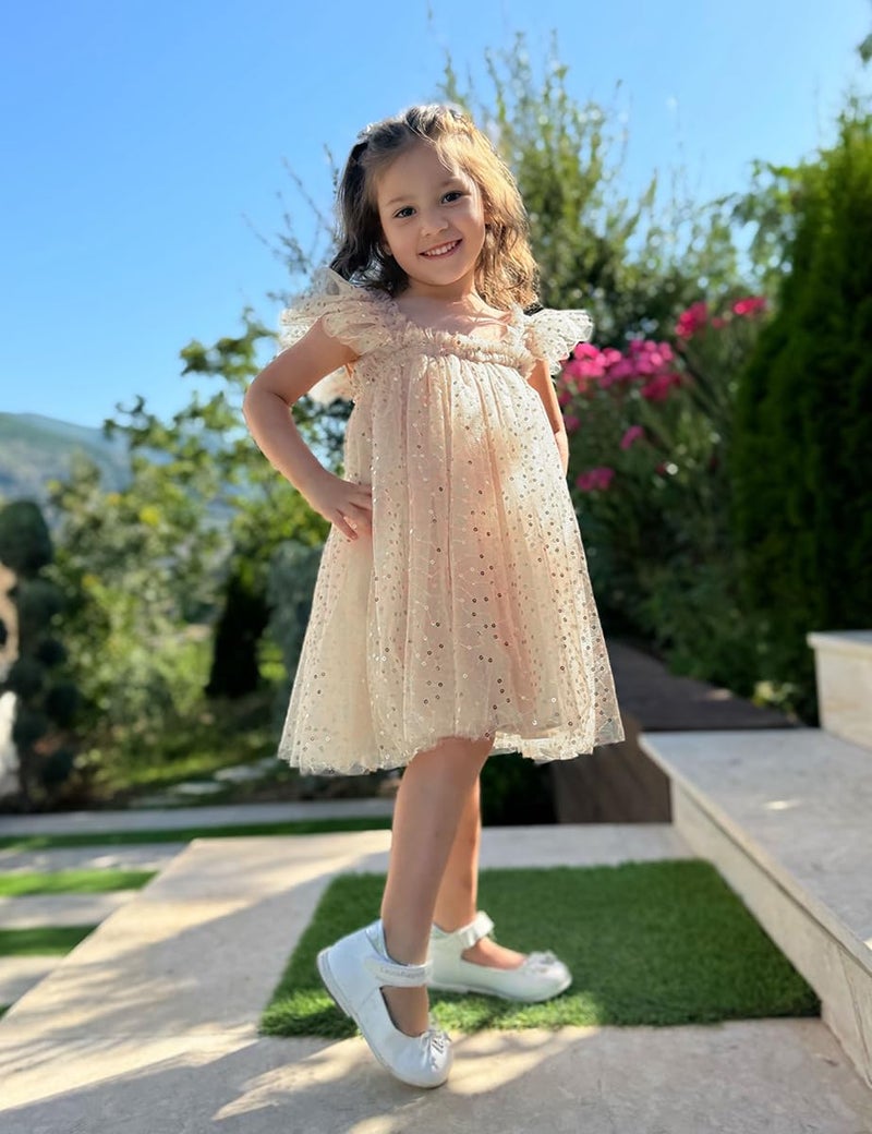 AGQT Baby Girls Tutu Dress Sleeveless Toddler Infant Tulle Tutu Dresses Birthday Party Layered Lace Mini Layers Dress Apricot-Gold Sequin Dot Size 18-24 Months - Image 5