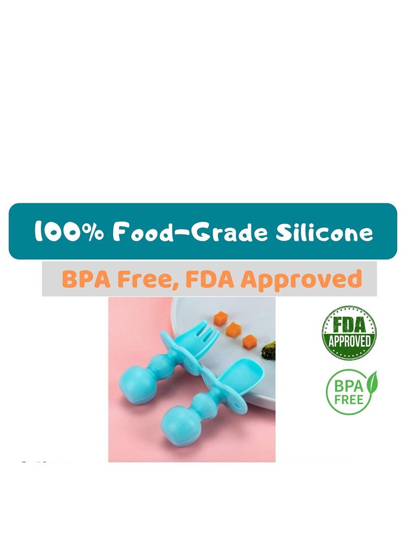 Excefore مجموعة شوكة وملعقة سيليكون للأطفال، أدوات مائدة سيليكون، إطعام الطفل، معدات تدريب، مرحلة الفطام بالاعتماد على الذات 1 مناسبة للأطفال فوق 6 أشهر (أزرق، 2 * ملاعق و2 * شوك) - Image 5