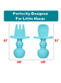 Excefore Silicone Baby Fork And Spoon Set, Silicone Tableware, Feeding Baby, Training Equipment, Baby Led Weaning Stage 1 Suitable For Over 6 Months (Blue，2 * Spoons and 2 * Forks)  - Image 2