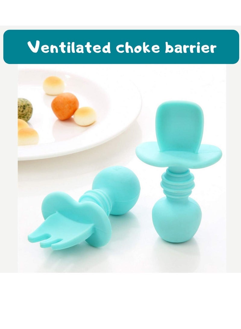 Excefore مجموعة شوكة وملعقة سيليكون للأطفال، أدوات مائدة سيليكون، إطعام الطفل، معدات تدريب، مرحلة الفطام بالاعتماد على الذات 1 مناسبة للأطفال فوق 6 أشهر (أزرق، 2 * ملاعق و2 * شوك) - Image 4