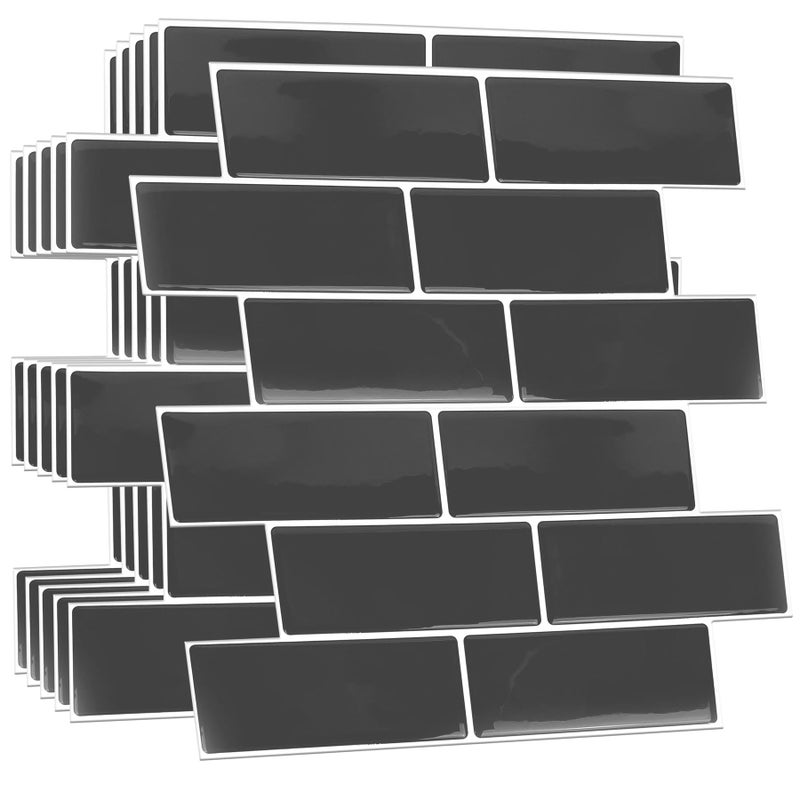 WALPLUS Premium 12 Sheets Peel and Stick Kitchen Backsplash Tile Stickers Self Adhesive Stick on Subway Tile 12 x 6 Bathroom Backsplash Water Heat Resistant 3D Wall Tiles Dark Gray Glossy