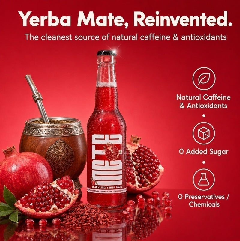METE Sparkling Yerba Mate - Pomegranate Flavor - Carton - 24 x 330ml - Natural Caffeine Drink - Antioxidants - No Preservatives - UAE - Image 3