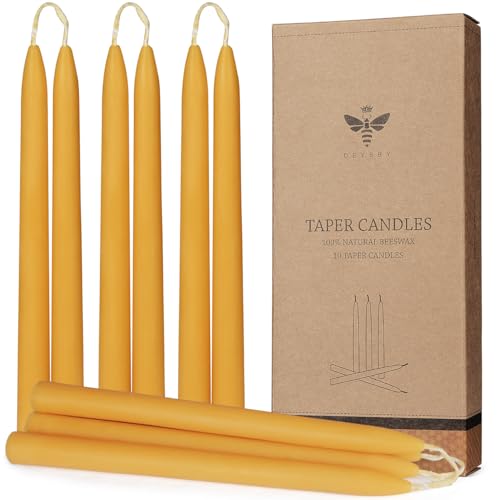 DEYBBY 10 inch Natural Beeswax Taper Candles Set of 12, DEYBBY Smokeless and Dripless Beeswax Candles, 9Hrs Burn Time, Nontoxic - Image 1