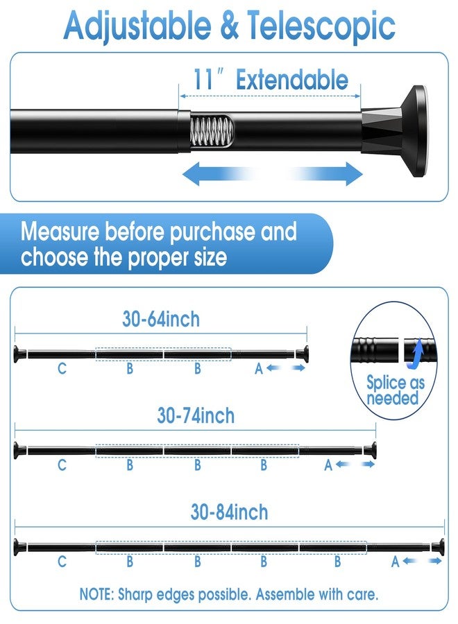 TasticTotes Shower Curtain Rod 30-64 Inch, 1" Diameter Adjustable Spring Tension Rod No Drill Required, Rustproof Stainless Steel, Anti-Slip Bathroom Rod, Black, Matte Finish - Image 2
