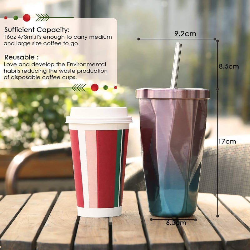 GNEXIN Water Cup Stainless Steel Cup Straw Drinking Bottle Home School Office Diamond Shape with Straw Car Coffee Mug Straw Thermos Car Water Mug500 ML Multicolor - Image 4